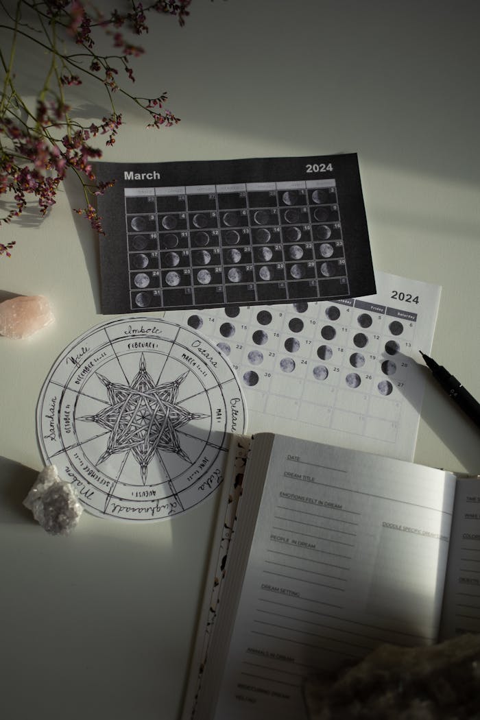 who-we-are A detailed view of astrology moon phases with a calendar and journal on a white desk.